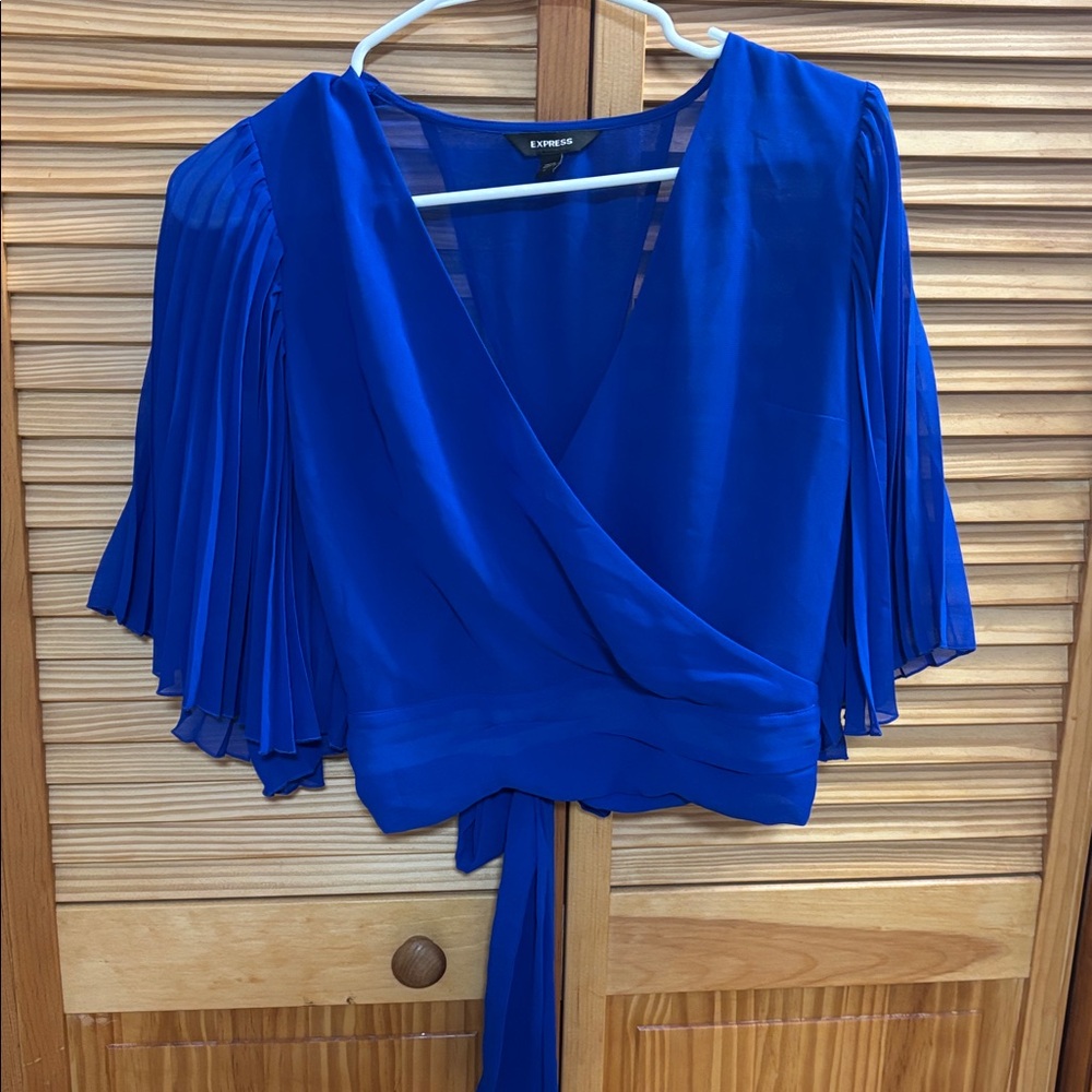 Express Royal Blue Wrap Bodysuit with Pleated Sleeves